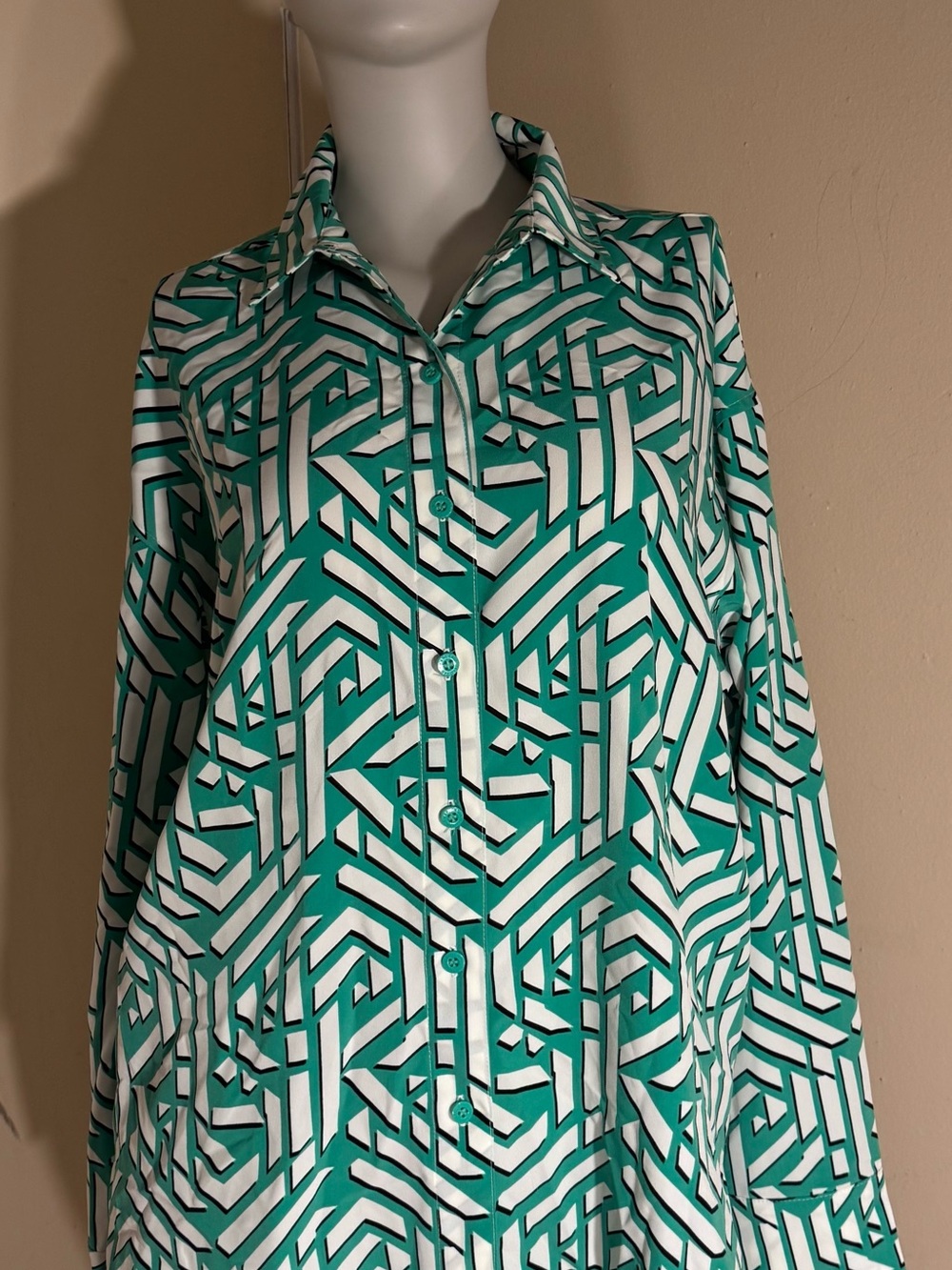 Karl Lagerfeld Teal and White Geometric Button-Up Top